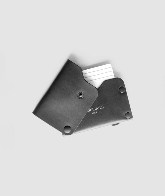 Black handmade foldable leather card holder by darksails - porte cartes pliable fait main en cuir noir