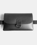 Black leather belt bag top view showing minimalist design
