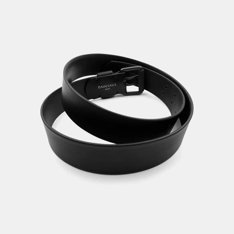 Black leather belt interior view showing Darksails Paris branding