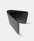 Black leather bifold wallet open showing interior card slots and compartments