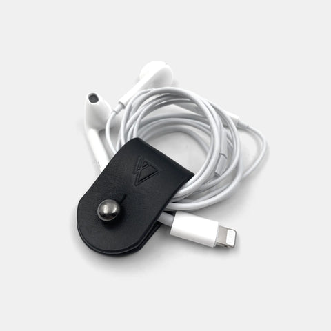 Black leather cable organizer handmade with brass snap closure