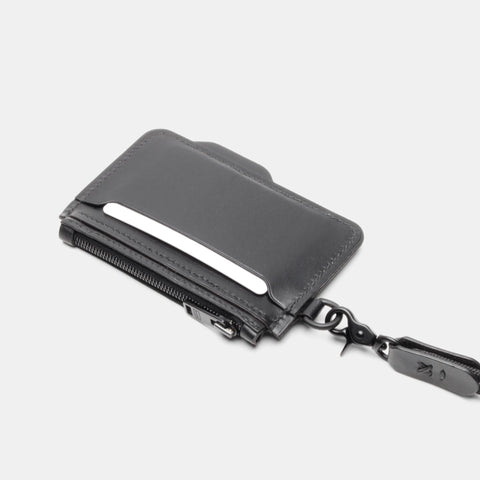 Porte-cartes cuir noir zippé verso avec mousqueton mexicain noir