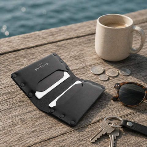 Porte-cartes cuir noir sur un ponton avec café et clés