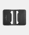 Porte-cartes cuir noir ouvert à plat montrant design bifold
