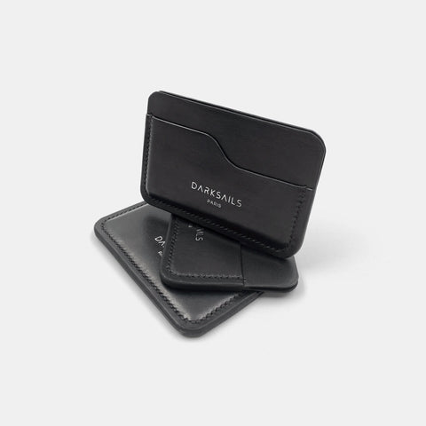 Ensemble porte-cartes et portefeuille cuir noir fait main couture sellier
