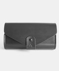 Black leather glasses case front view with secure collar button closure