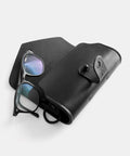 Black leather eyeglasses case handmade with collar button closure and D-rings