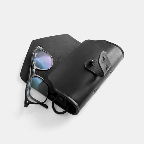 Black leather eyeglasses case handmade with collar button closure and D-rings