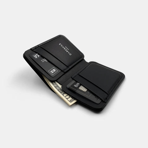 Black leather bifold wallet for men open showing card slots