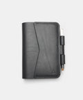 Black leather notebook cover front view with exterior flap pocket