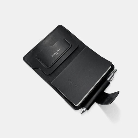 Protège-cahier cuir noir intérieur avec poche carte et espace cahier