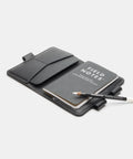 Black leather notebook cover open with card slots and notebook pockets