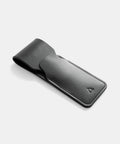 Leather pen case closed from angled view showing sleek profile
