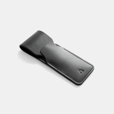 Leather pen case closed from angled view showing sleek profile