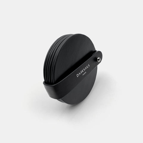 Sous-verres ronds cuir noir lot de six avec support fait main en France