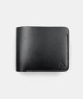 Black leather wallet closed exterior view with handmade saddle stitching