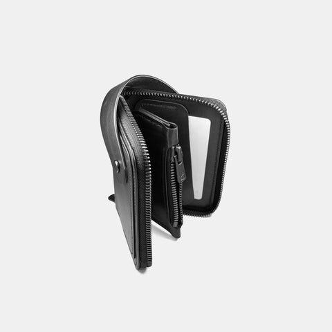 Black leather wallet interior full view with card pockets and compartments