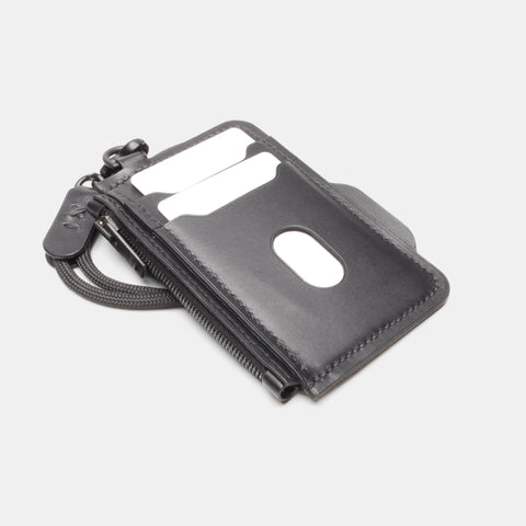 Porte-cartes zippé cuir noir avec cordon paracorde amovible