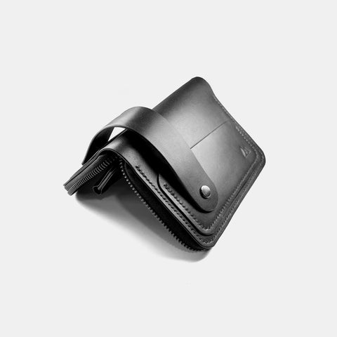 Black leather zip wallet compact design handmade in France