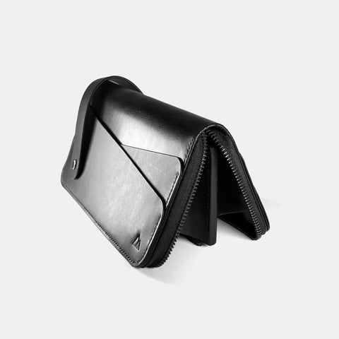 Portefeuille zippé cuir noir fait main en cuir pleine fleur