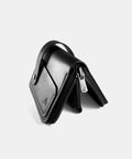 Black leather zip wallet open showing zipper and interior compartments