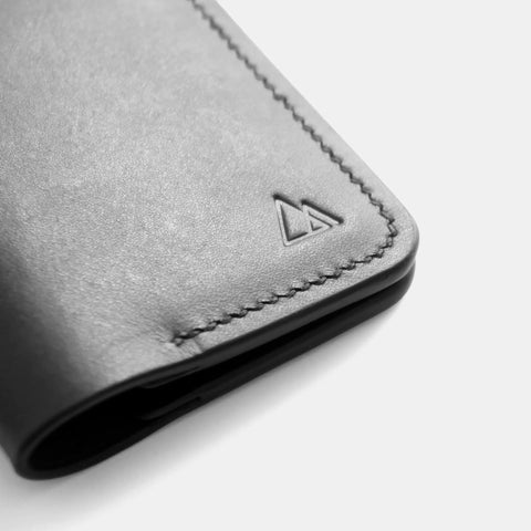 Porte-cartes cuir montrant bords polis main et détail point sellier