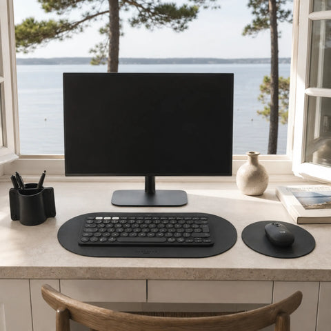 Tapis de clavier et souris cuir, fait main en France, vue mer