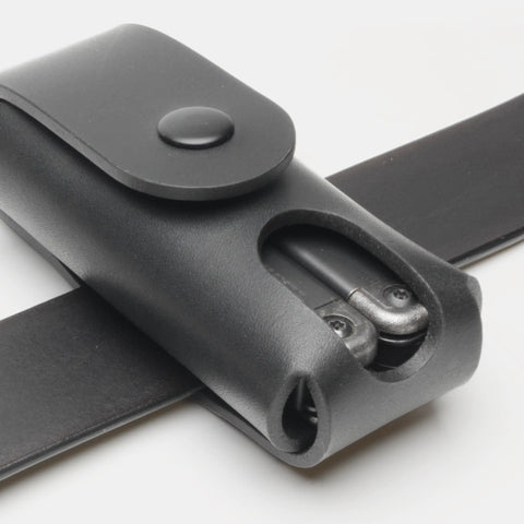 Black leather multitool holster belt loop and snap closure close-up