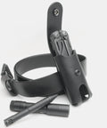 Open leather multitool holster on belt with EDC tools