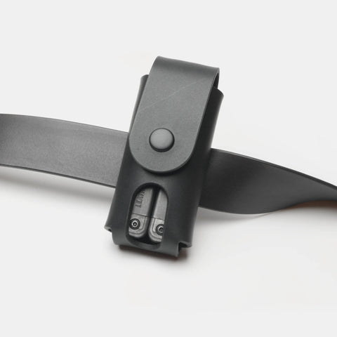Leather multitool sheath on belt with integrated belt loop