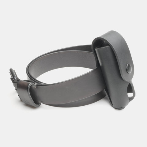 Leather multitool sheath slim profile side view on belt