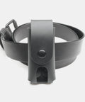Black leather multitool sheath front view on belt full-grain