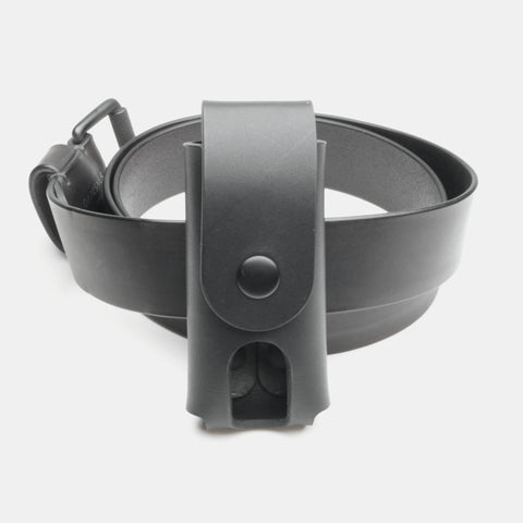 Black leather multitool sheath front view on belt full-grain