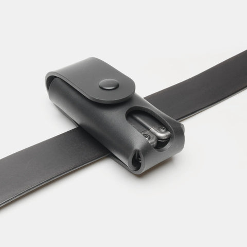 Leather multitool sheath snap button and belt loop side view