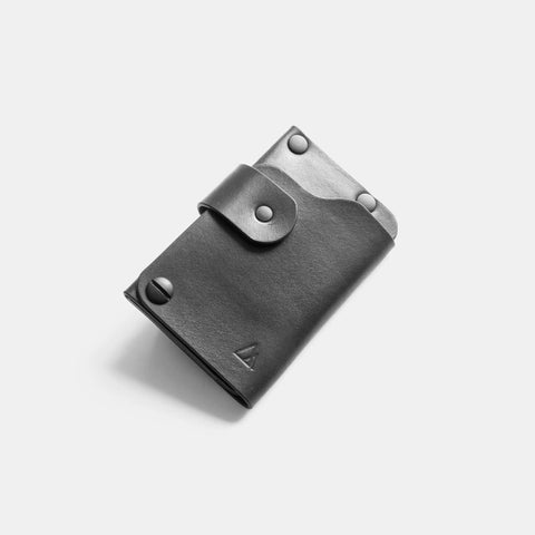 Mens slim leather card holder with minimalist design and rivet reinforcement