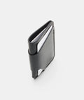 Porte-cartes homme fin debout montrant ses trois poches de rangement