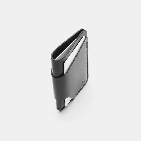 Porte-cartes homme fin debout montrant ses trois poches de rangement